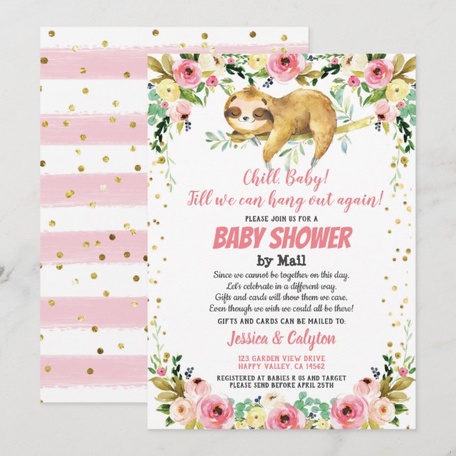 Sloth Baby Girl Shower By Mail Pink And Gold Invitation (Front/Back)