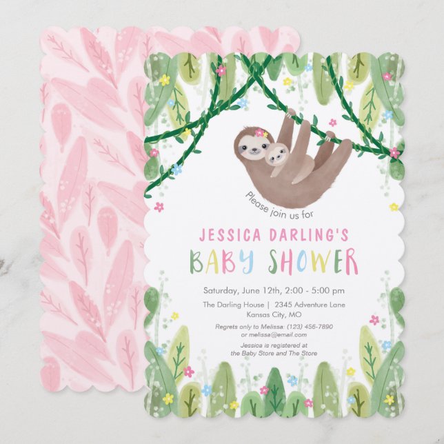 Sloth Baby Girl Shower Jungle Theme Invitation (Front/Back)