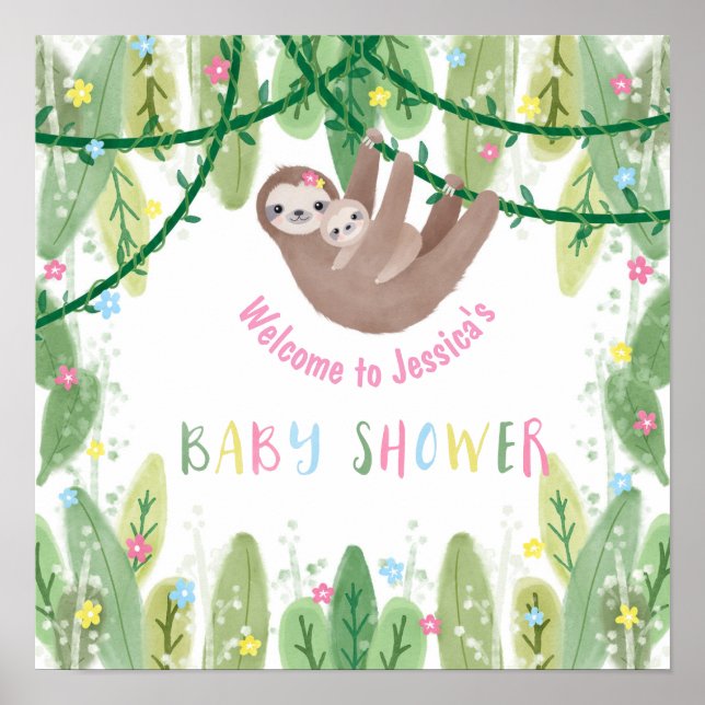 Sloth Baby Girl Shower Jungle Theme  Welcome Poster (Front)