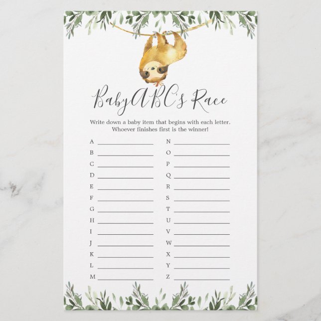 Sloth Baby Shower ABC's Race Game (Front)