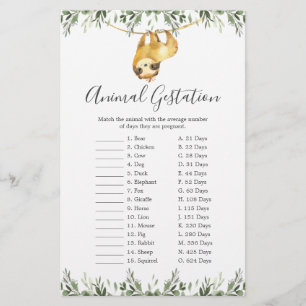 Sloth Baby Shower Animal Gestation Game