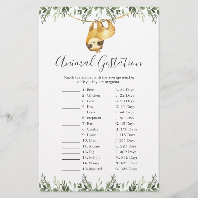 Sloth Baby Shower Animal Gestation Game (Front)