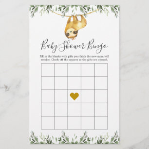 Sloth Baby Shower Bingo Game