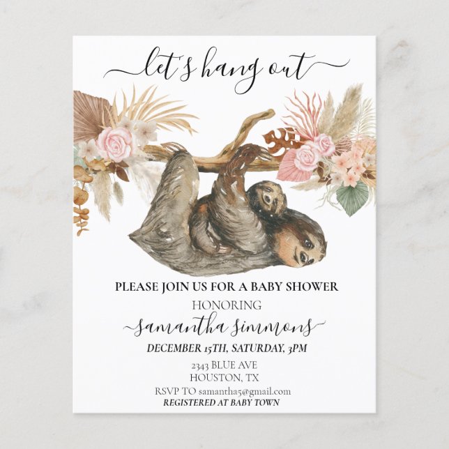 Sloth Baby Shower Boho Tropical watercolor (Front)