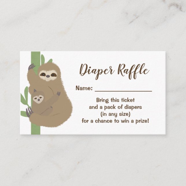 Sloth Baby Shower Diaper Raffle Ticket Enclosure Card (Front)