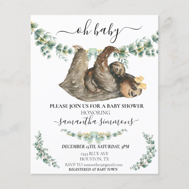 Sloth Baby Shower Eucalyptus Watercolor (Front)