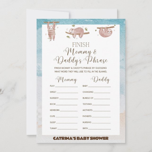 Sloth Baby Shower Game - Editable Name, 5x7  Invitation (Front)