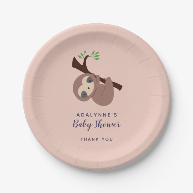 Sloth Baby Shower Gender Neutral Script Cute Paper Plate (Front)
