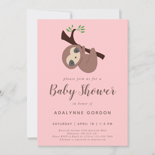 Sloth Baby Shower Girl Pink Brown Cute  Invitation (Front)