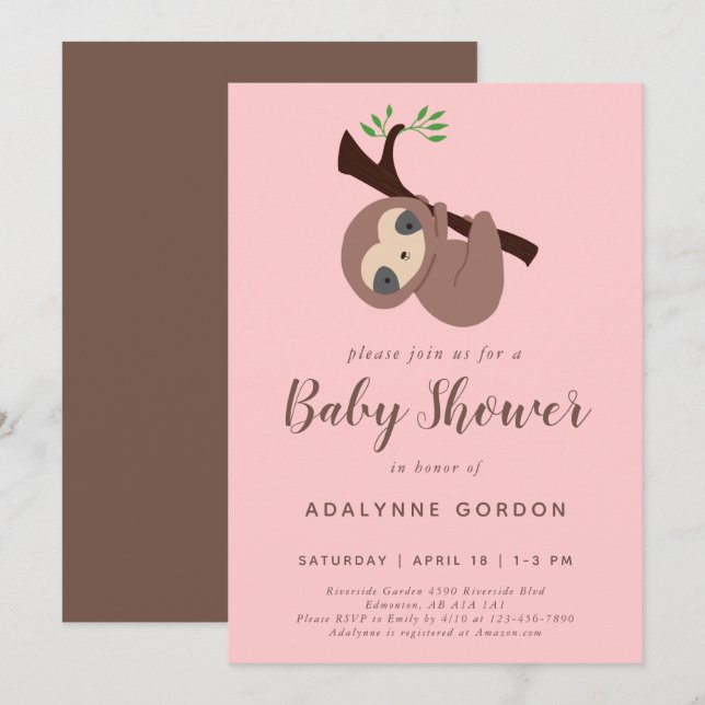 Sloth Baby Shower Girl Pink Brown Modern Simple  Invitation (Front/Back)