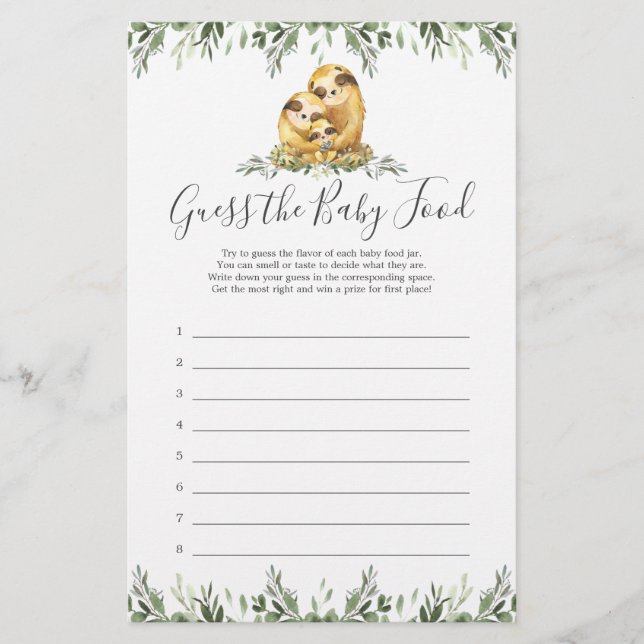 Sloth Baby Shower Guess The Baby Food (Front)