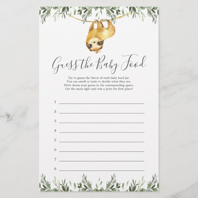 Sloth Baby Shower Guess The Baby Food Game (Front)