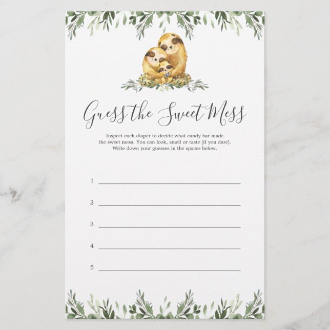 Sloth Baby Shower Guess The Sweet Mess (Front)