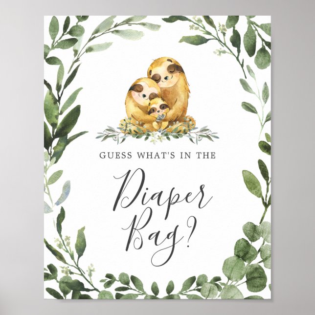 Sloth Baby Shower Guess What's in the Diaper Bag Poster (Front)