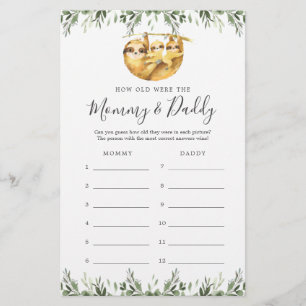 Sloth Baby Shower How Old Were They Game Card