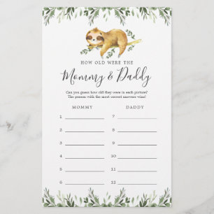 Sloth Baby Shower How Old Were They Game Card
