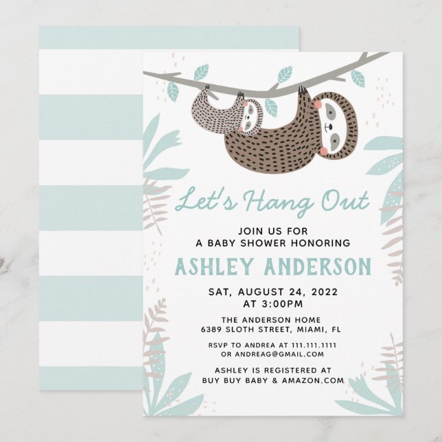 Sloth Baby Shower Invitation (Front/Back)