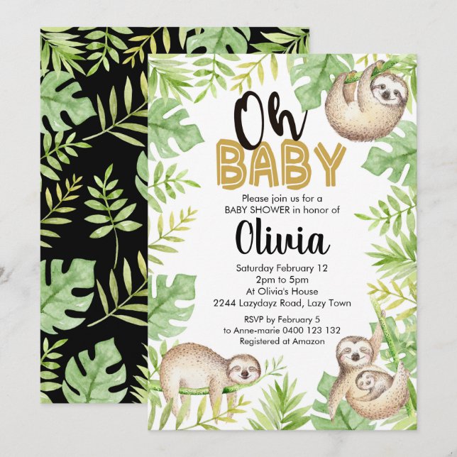 Sloth Baby Shower Invitation Baby Sloth (Front/Back)