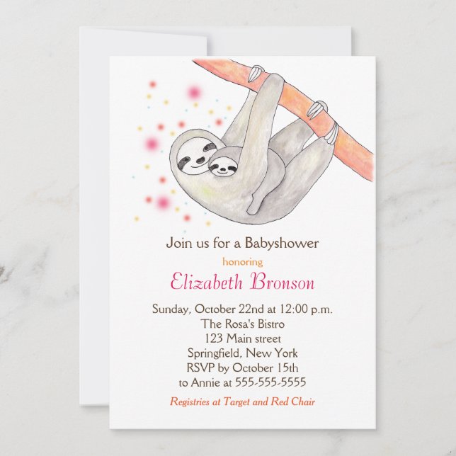 Sloth Baby Shower Invitation Cute Sloth Mum Baby (Front)