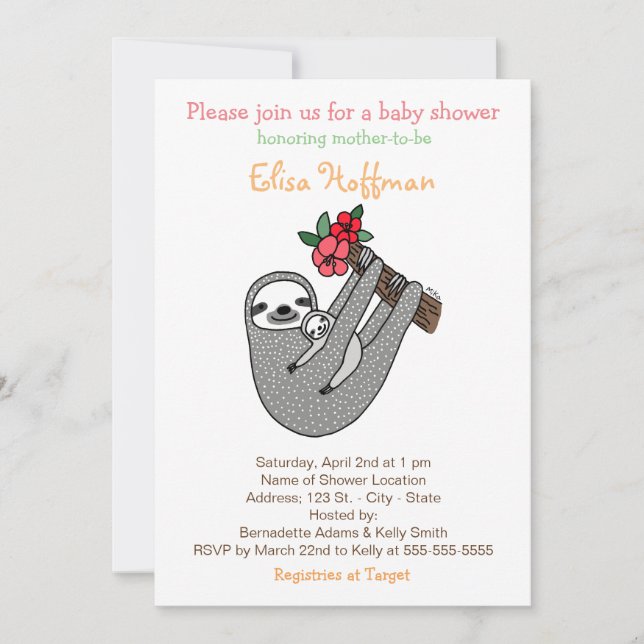 Sloth Baby Shower Invitation Cute Sloth Mum Baby (Front)