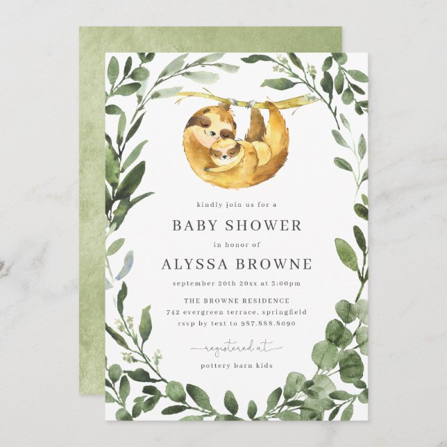 Sloth Baby Shower Invitation | Cute Woodland Theme (Front/Back)