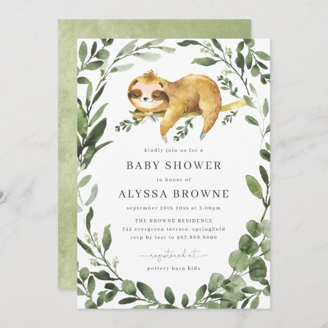 Sloth Baby Shower Invitation | Cute Woodland Theme (Front/Back)