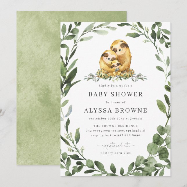Sloth Baby Shower Invitation | Cute Woodland Theme (Front/Back)