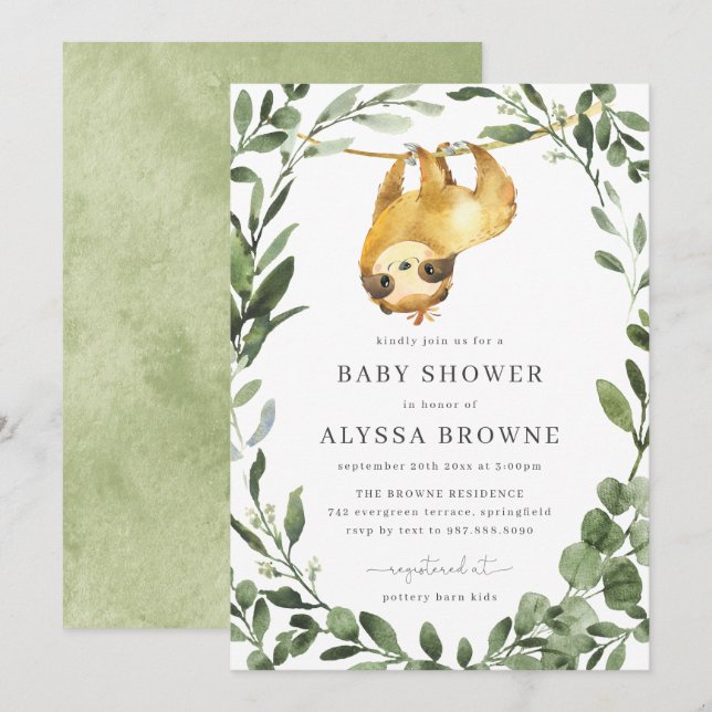 Sloth Baby Shower Invitation | Cute Woodland Theme (Front/Back)