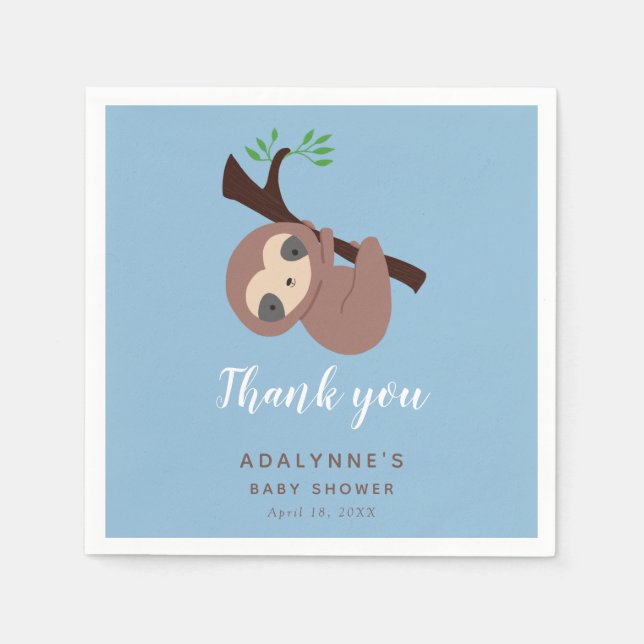 Sloth Baby Shower Jungle Script Cute Boy Blue Napkin (Front)