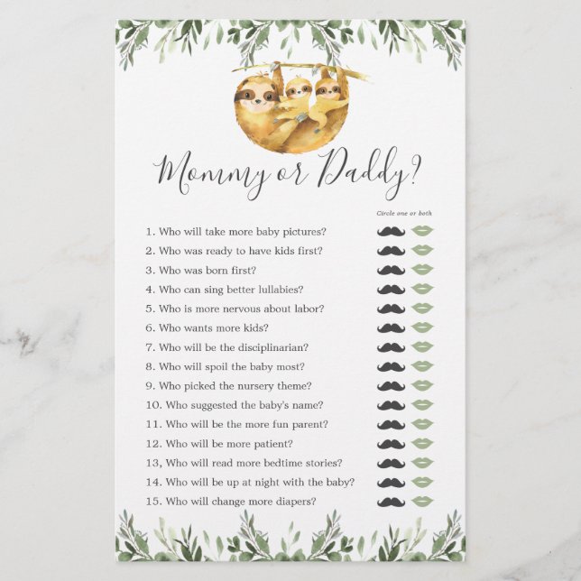 Sloth Baby Shower Mummy or Daddy Game (Front)