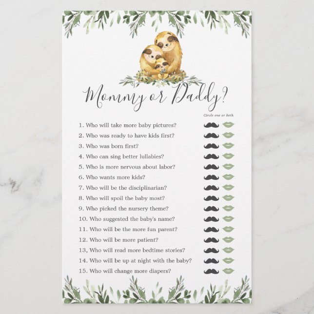 Sloth Baby Shower Mummy or Daddy Game (Front)