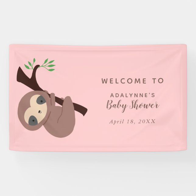 Sloth Baby Shower Pink Welcome Cute Jungle Party Banner (Horizontal)
