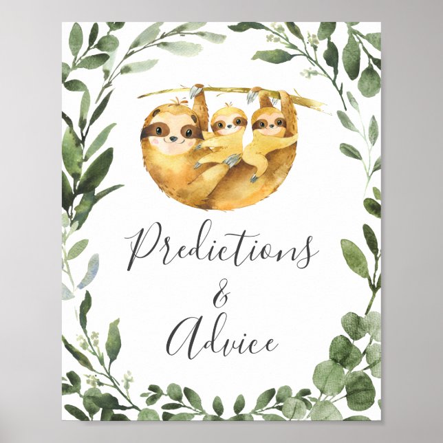 Sloth Baby Shower Predictions and Advice Sign (Front)