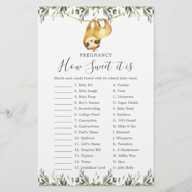 Sloth Baby Shower Pregnancy How Sweet It Is Game (Front)