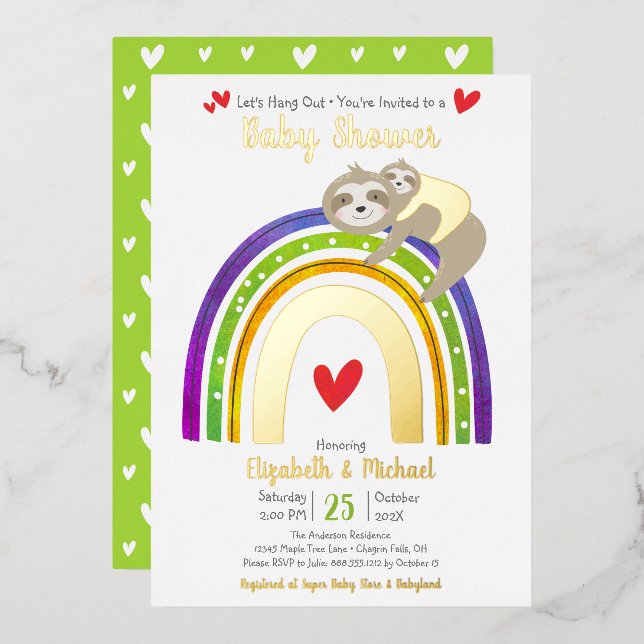 Sloth Baby Shower Rainbow Gender Neutral Real Gold (Front/Back)