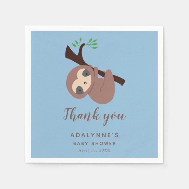 Sloth Baby Shower Thank you Script Cute Boy Blue Napkin (Front)