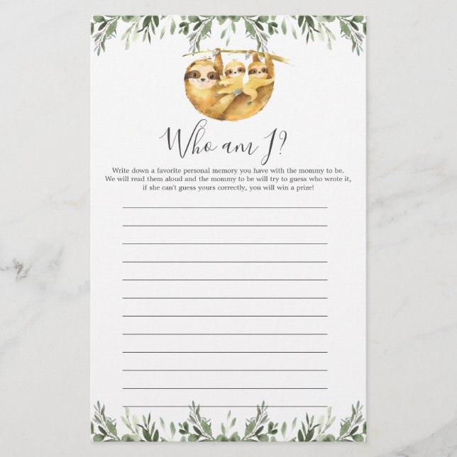 Sloth Baby Shower Who Am I Game (Front)