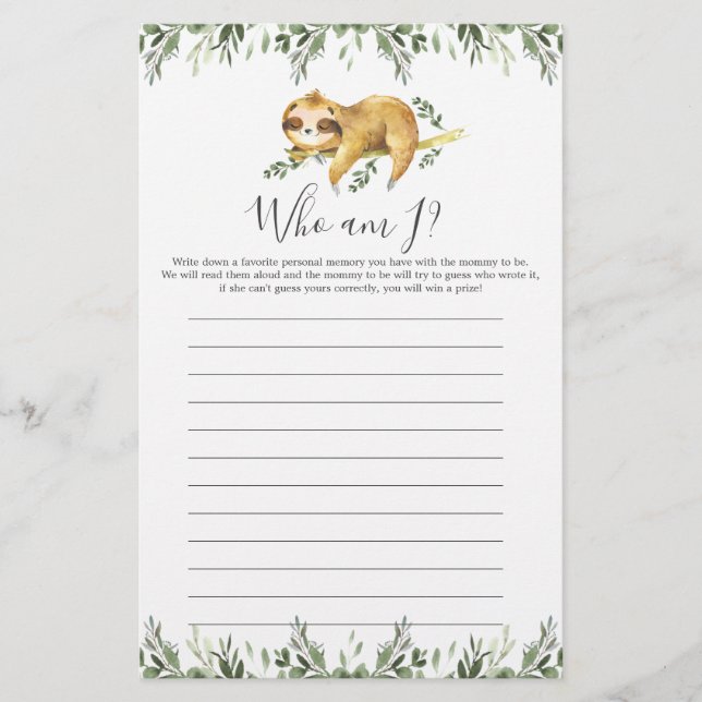 Sloth Baby Shower Who Am I Game (Front)