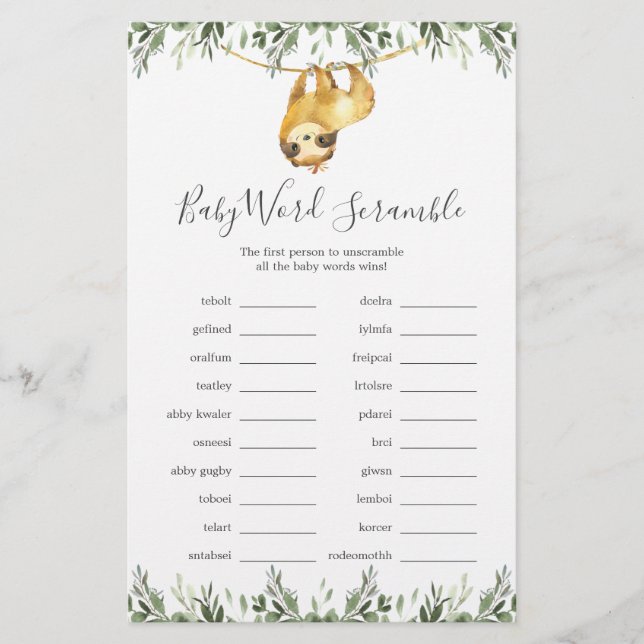Sloth Baby Shower Word Scramble Game (Front)