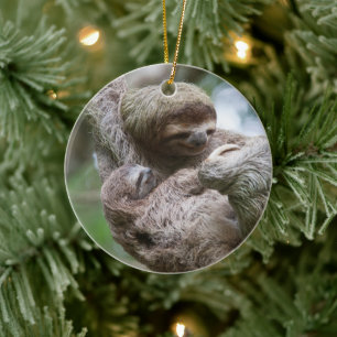 Sloth Baby with Mother Hanging from a Tree Ceramic Tree Decoration