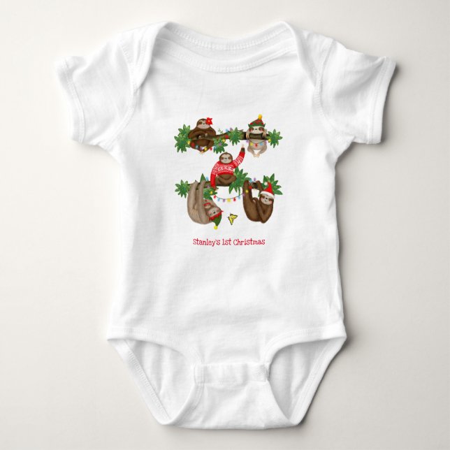 Sloth baby's 1st Christmas personalised bodysuit (Front)
