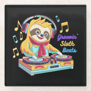 Sloth Beats retro vintage vibrant Glass Coaster