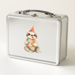 Sloth birthday gift cute funny happy party hat Cla Metal Lunch Box