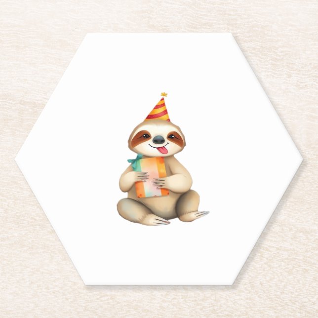 Sloth birthday gift cute funny happy party hat Cla Paper Coaster (Front)