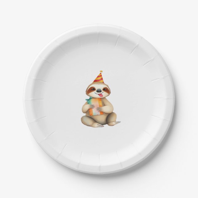 Sloth birthday gift cute funny happy party hat Cla Paper Plate (Front)