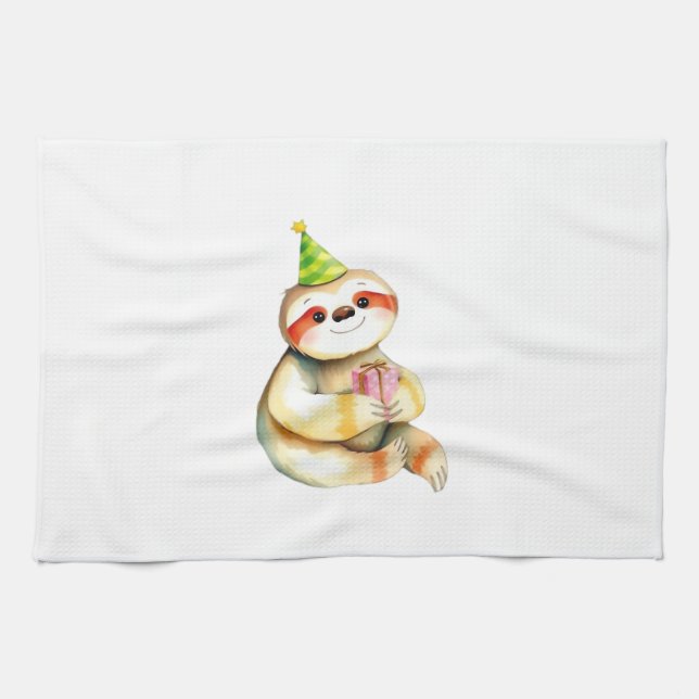 Sloth birthday gift cute funny happy party hat Cla Tea Towel (Horizontal)