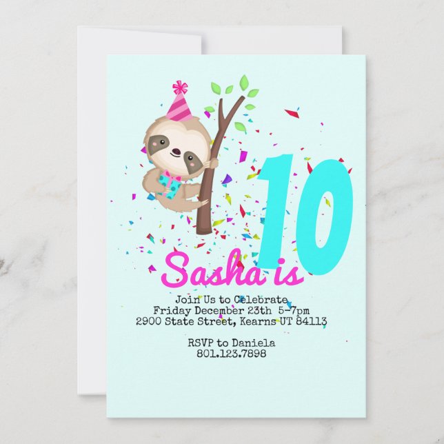 Sloth Birthday Girl Custom Theme Party Invitation (Front)