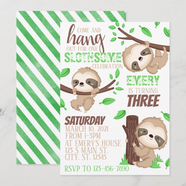 Sloth Birthday  Invitation (Front/Back)