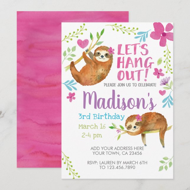Sloth Birthday Invitation (Front/Back)