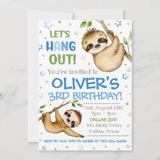 Sloth Birthday Invitation | Sloth Invitation (Front)